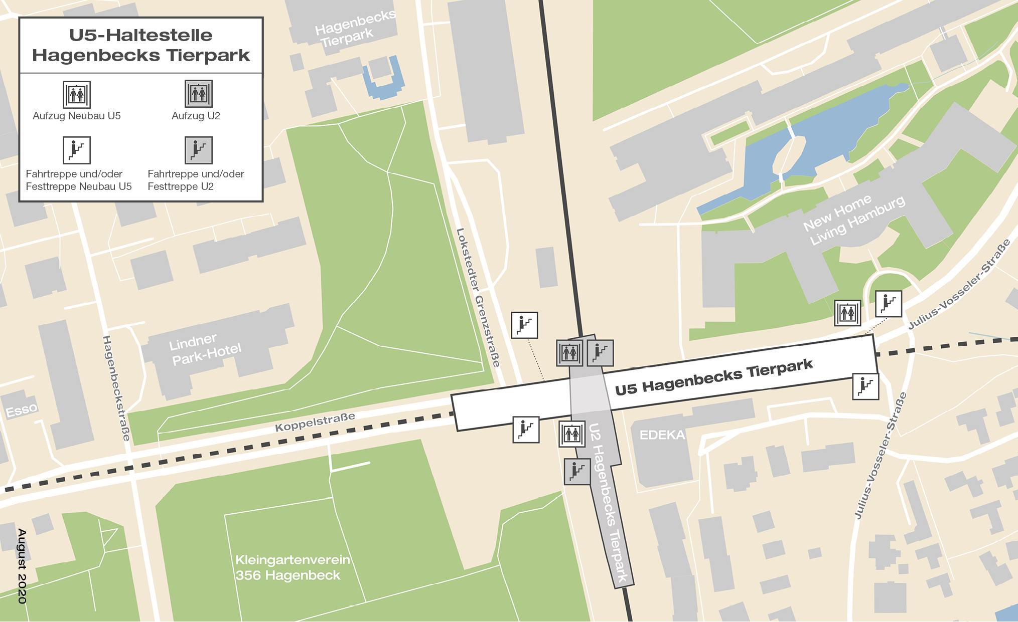 Voraussichtliche Lage des Haltestellenkörpers der geplanten  U5-Haltestelle Hagenbecks Tierpark, nahe der bestehenden U2 Hagenbecks Tierpark.