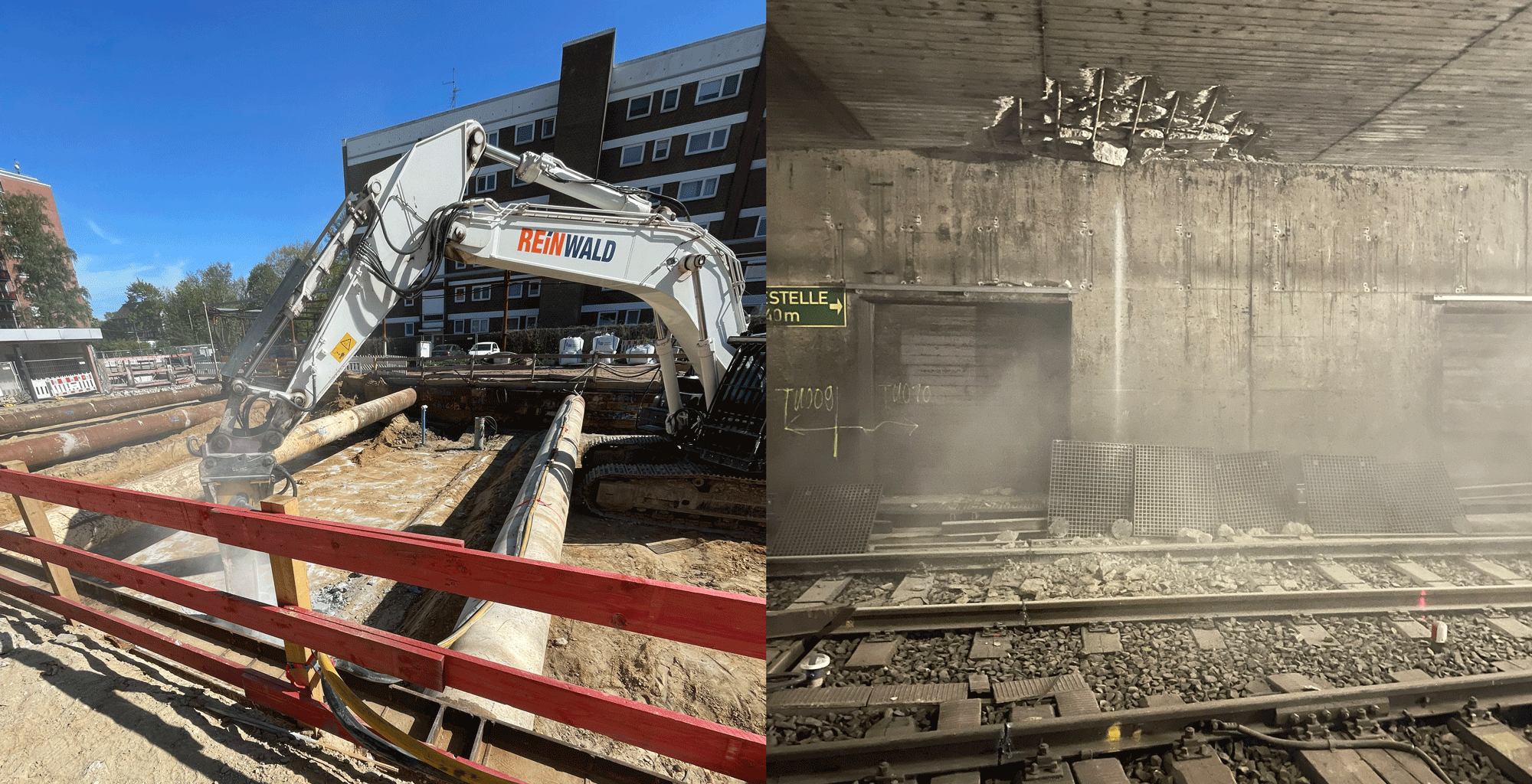 Abbrucharbeiten per Hydraulikhammer im Anschluss West vor Café May