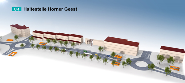 Visualisierung der Zugänge zur geplanten U4-Haltestelle Horner Geest auf Straßenniveau.