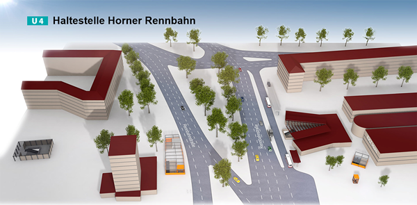 Visualisierung der Zugänge zur U4-Haltestelle Horner Rennbahn auf Straßenniveau.