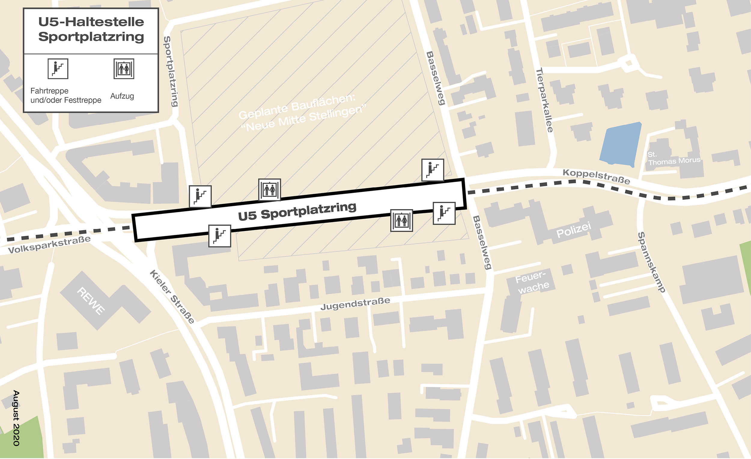 Voraussichtliche Lage des Haltestellenkörpers der geplanten U5-Haltestelle Sportplatzring, zwischen Kieler Straße und Koppelstraße.
