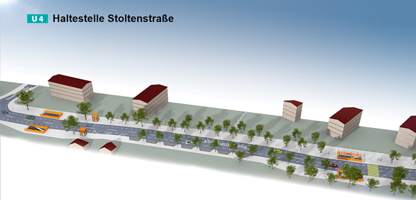 Visualisierung der Zugänge zur geplanten U4-Haltestelle Stoltenstraße auf Straßenniveau.