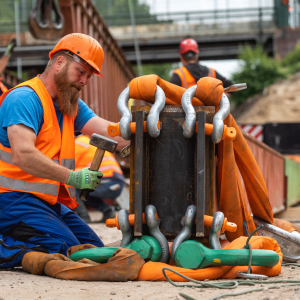 Fast geschafft: Wenn alle Haken sicher befestigt sind, kann die Fußgängerbrücke in die Lüfte gehoben werden