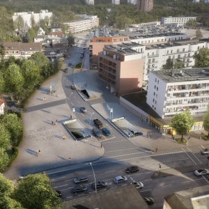 Visualisierung der Zugänge am westlichen Ende der Haltestelle beim Bramfelder Dorfplatz.