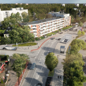 Visualisierung der östlichen Zugänge zur geplanten U5 Haltestelle Bramfeld auf Straßenniveau.