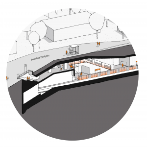 Grafik des Westendes der geplanten Haltestelle U5 Bramfeld im Querschnitt.