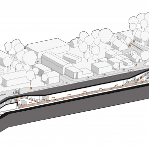 Grafik der geplanten Haltestelle U5 Bramfeld im Querschnitt: An der U5-Haltestelle Bramfeld liegen die Eingänge am westlichen Ende unter dem Bramfelder Dorfplatz nahe der Kreuzung Barmbeker Chaussee und am östlichen Ende in Höhe der Kreuzung Mützendorpsteed/Heukoppel.