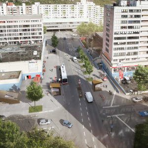Visualisierung der geplanten U5 Haltestelle Steilshoop auf Strassenniveau.