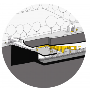 Illustration des westlichen Aufgangs der geplanten U5 Haltestelle im Querschnitt.