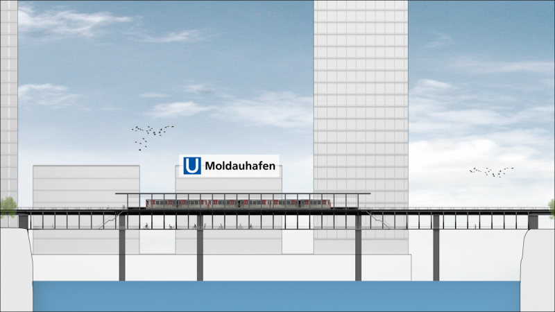 Grafik zeigt geplante Lage der U4-Haltestelle über dem Moldauhafen