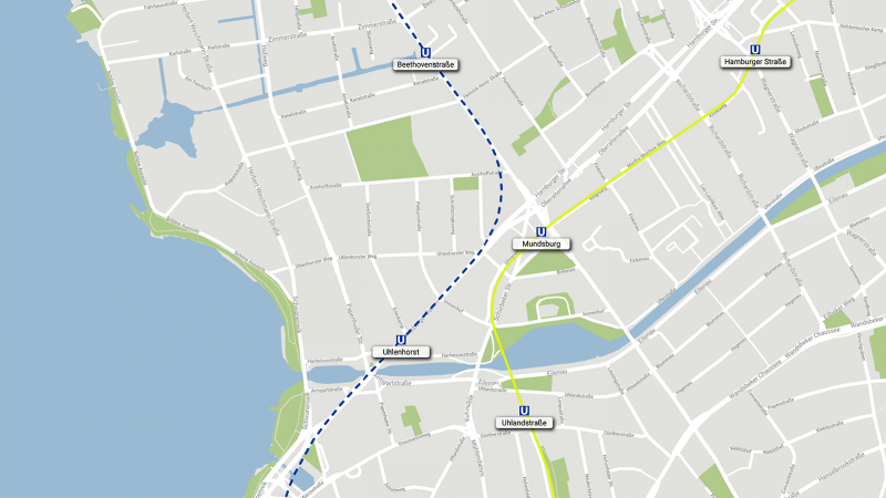 Karte mit den geplanten U5 Haltestellen Uhlenhorst und Beethovenstraße