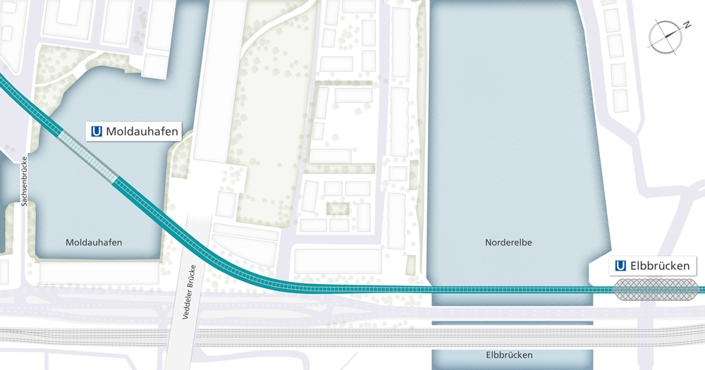 Visualisierung der U5 Trasse zwischen U Elbbrücken und Moldauhafen (Draufsicht)