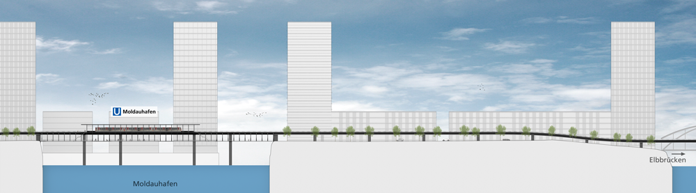 Visualisierung der U5 Trasse zwischen U Elbbrücken und Moldauhafen (Seitenansicht)