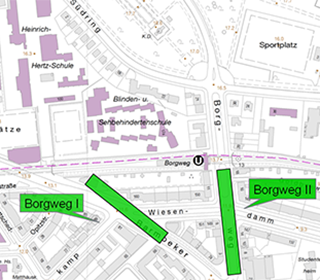 Haltestellengrafik mit der geplanten Lage der U5 Haltestelle Borgweg (Variante Borgweg II)