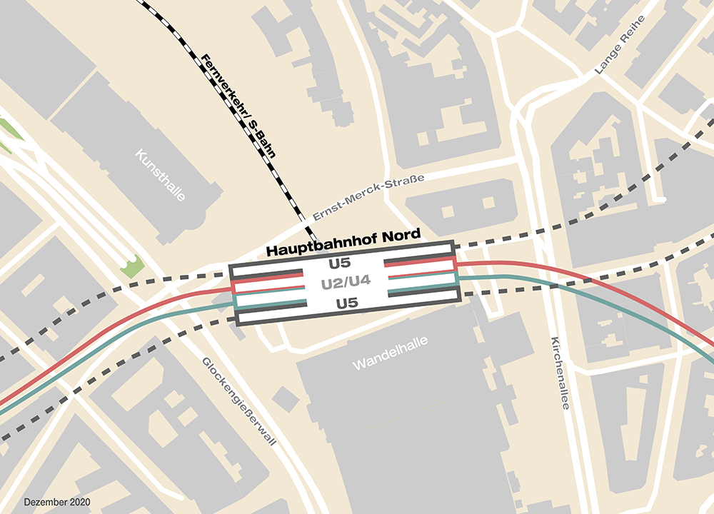 Haltestellengrafik mit der geplanten Lage der U5 Haltestelle Hauptbahnhof