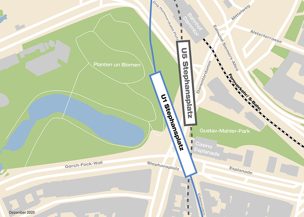 Haltestellengrafik mit der geplanten Lage der U5 Haltestelle Stephansplatz