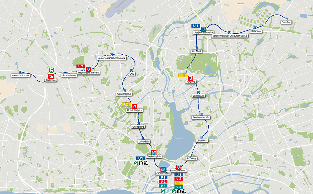 Geplanter Streckenverlauf der Linie U5 mit hervorgehobenen Umstiegsmöglichkeiten in andere Verkehrsmittel