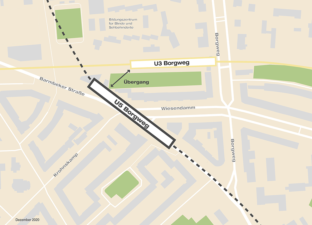 Haltestellengrafik mit der geplanten Lage der U5 Haltestelle Borgweg