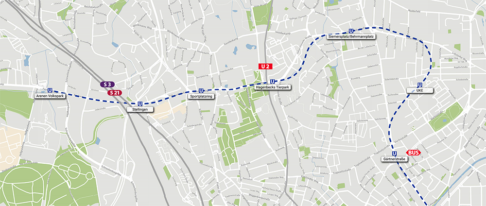 Karte mit den geplanten U5 Haltestellen Gärtnerstraße, UKE, Siemersplatz/ Behrmannplatz, Hagenbecks Tierpark, Sportplatzring, Stellingen, Arenen Volkspark