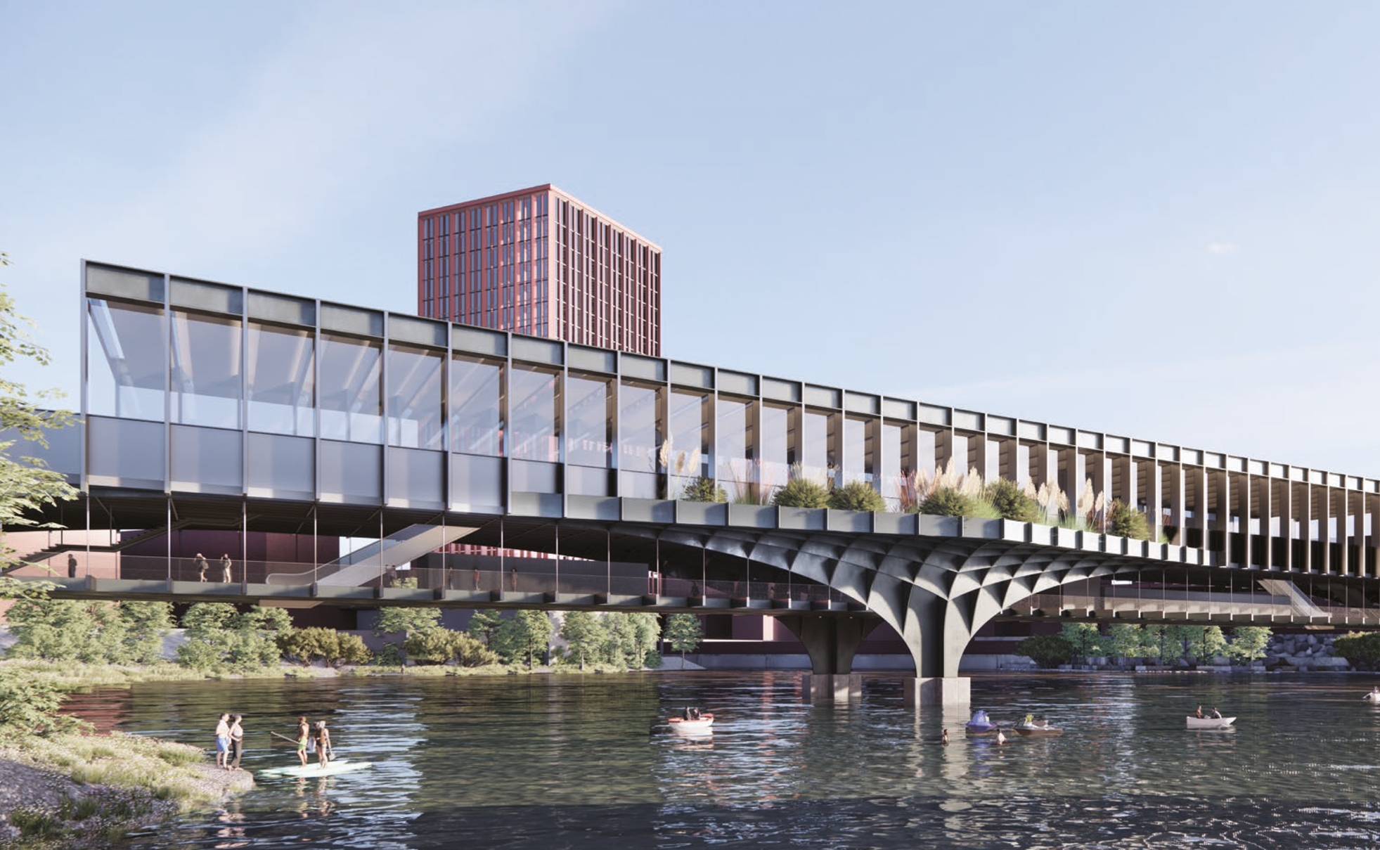 Visualisierung zeigt Außenansicht der Haltestelle Moldauhafen. Unter der Brücke befindet sich ein Bereich für Fußgänger. Auf der Elbe einige kleine Boote und Stand-Up-Paddler.