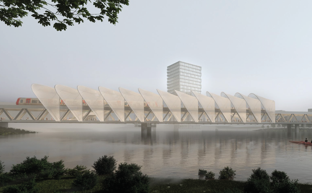 Visualisierung zeigt U4-Haltestelle Moldauhafen von Außen auf einer Brücke über die Elbe.