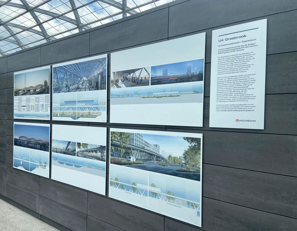 Ausstellung zur U4-Haltestelle Grasbrook an der Haltestellenwand U4-Elbbrücken