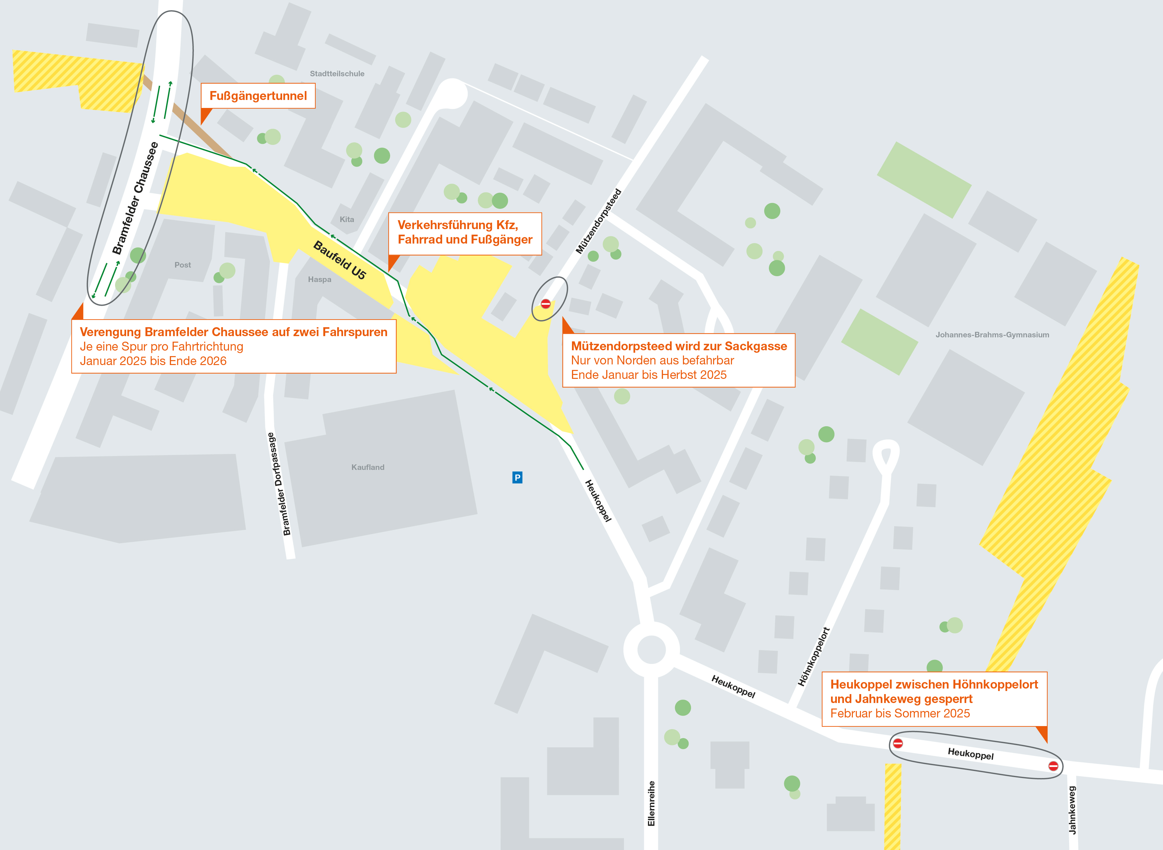 Grafik zeigt Verkehrsführung um das Baufeld der U5 Bramfeld