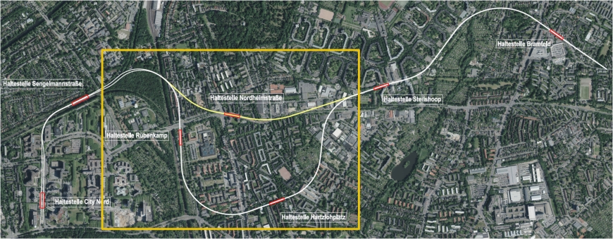 Luftaufnahme mit geplantem Trassenverlauf zwischen den U5 Haltestellen City Nord und Bramfeld.