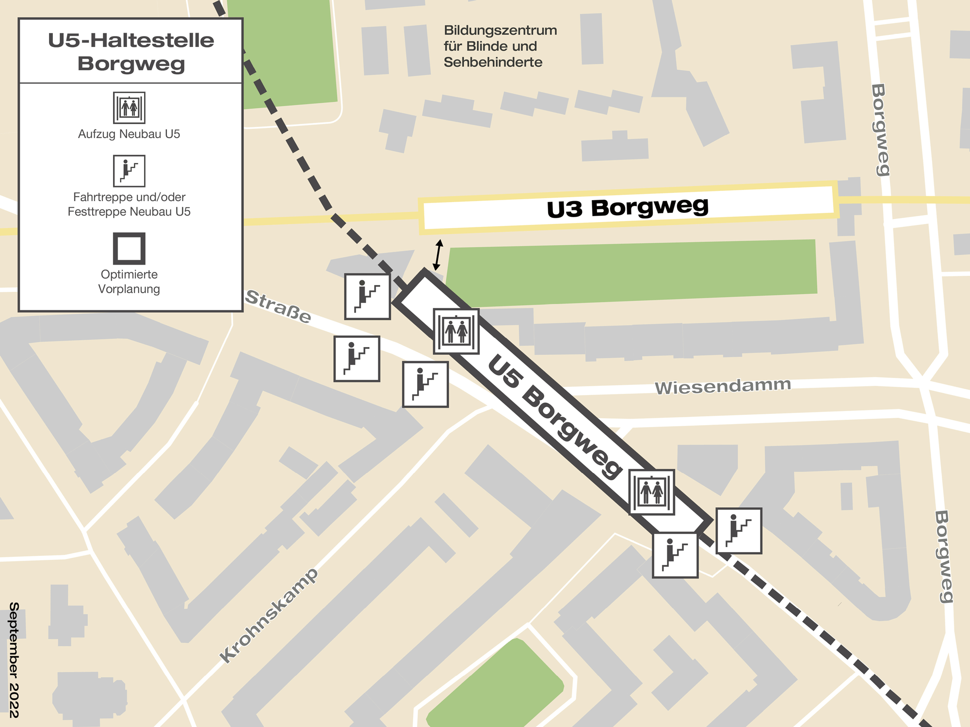 Grafik zeigt Lage und Zugänge der U5-Haltestelle Borgweg. 