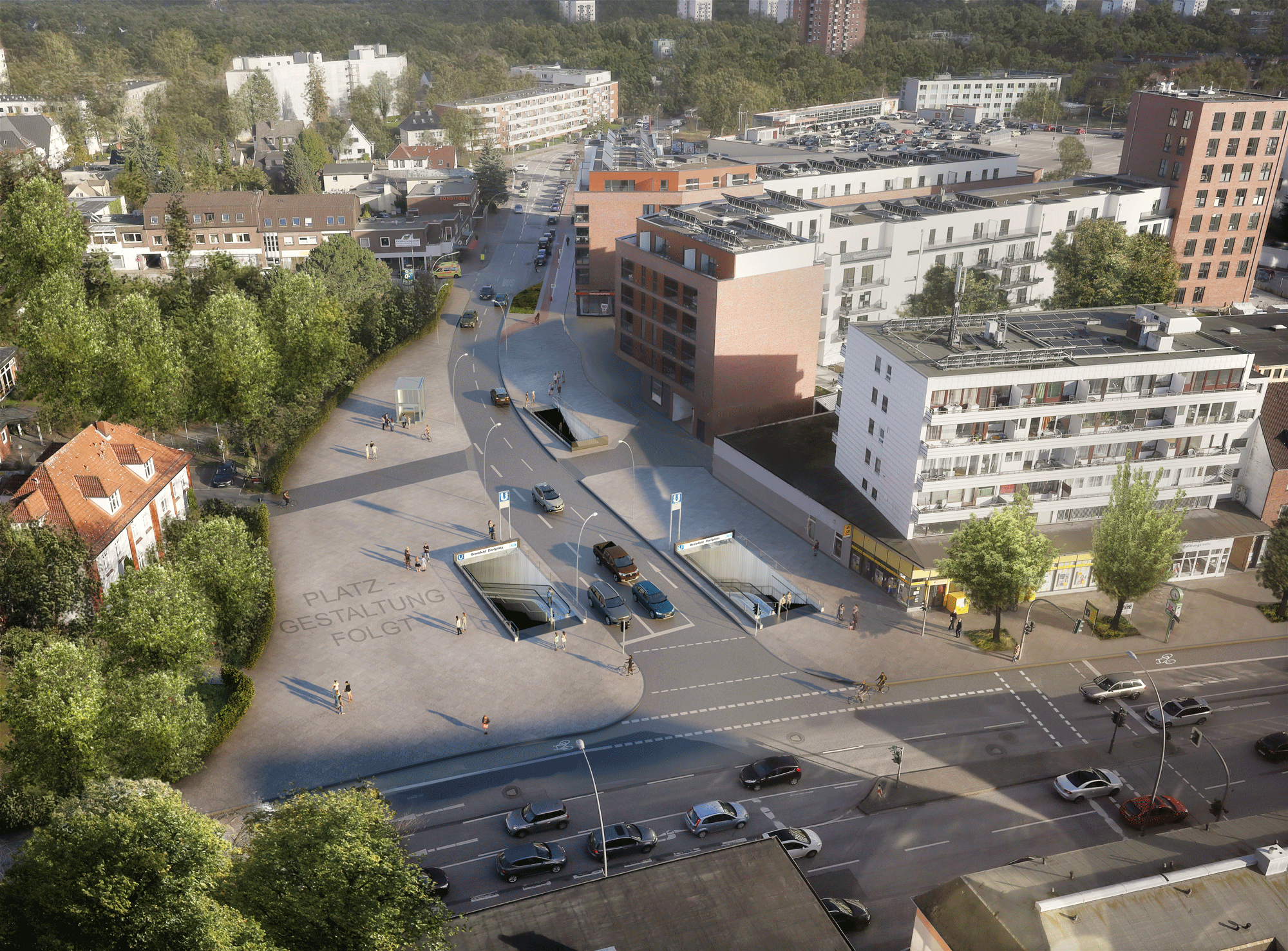 Visualisierung der Zugänge am westlichen Ende der Haltestelle beim Bramfelder Dorfplatz.