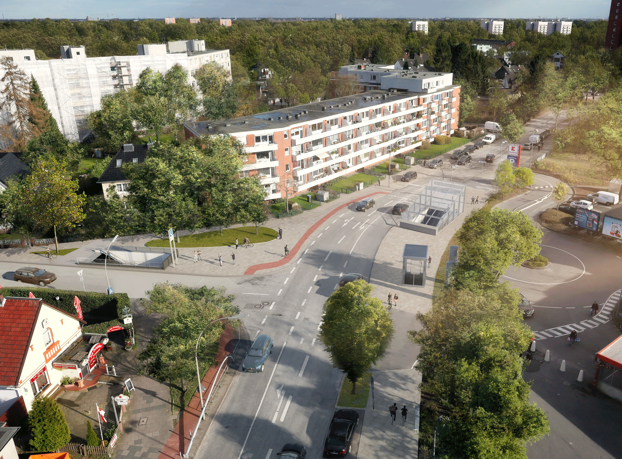 Visualisierung der Haltestellenzugänge am Ost-Ende der Haltestelle in Höhe der Kreuzung Mützendorpsteed/Heukoppel.