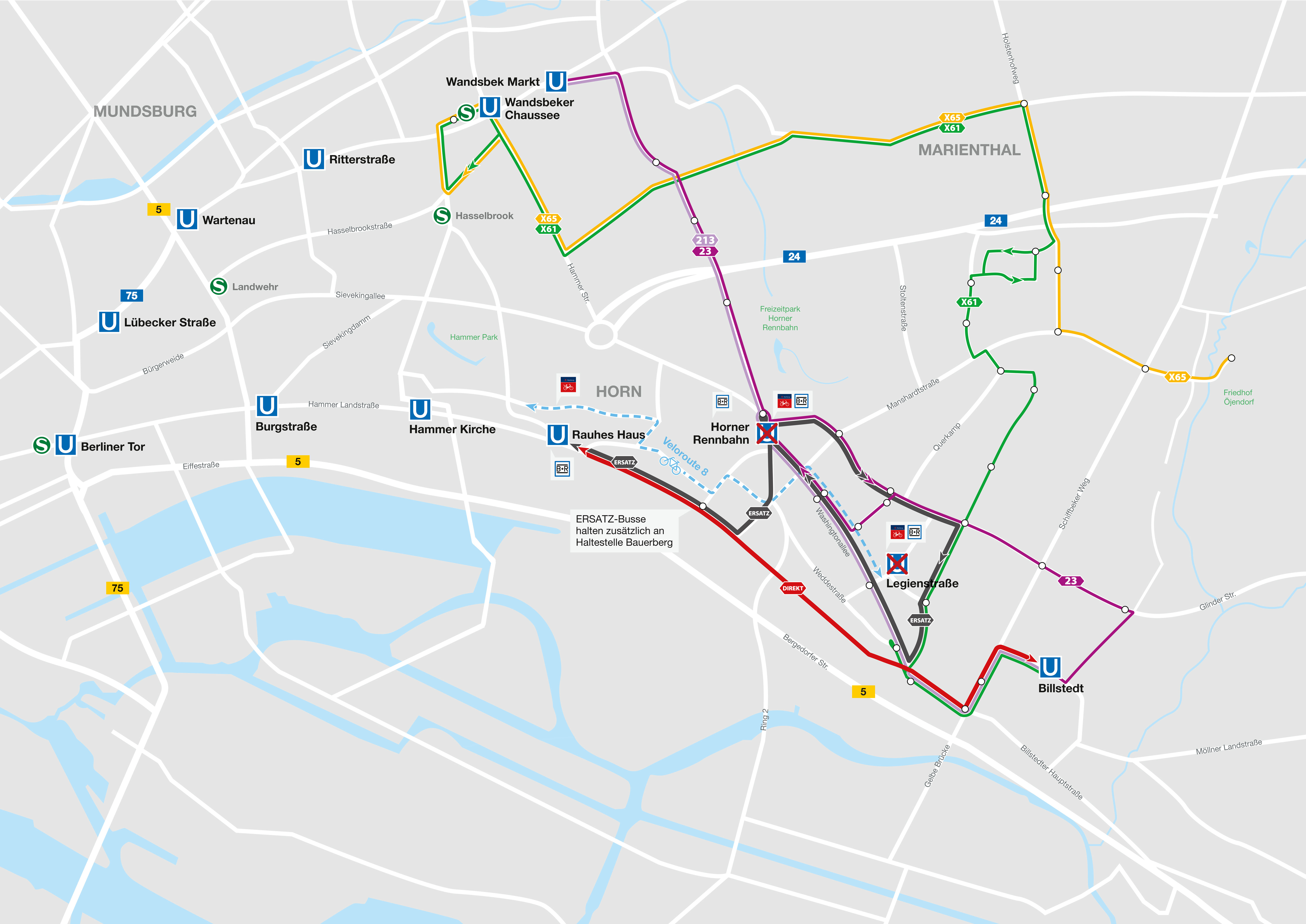 Grafik zeigt Buslinien des SEV während der Sperrung U2/U4