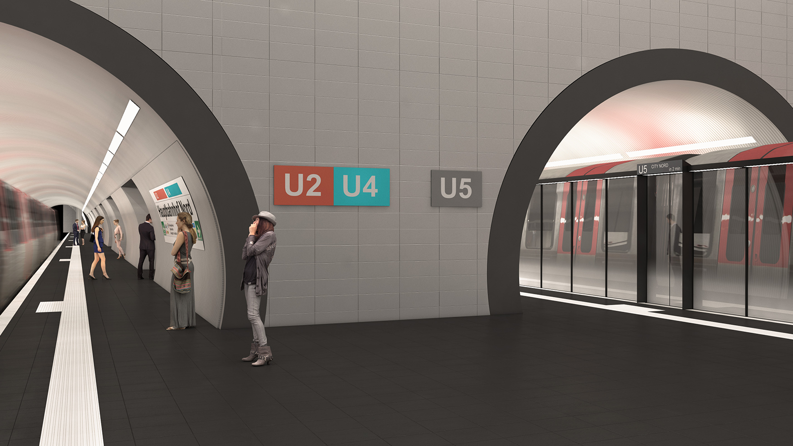 Visualisierung Bahnsteig mit U2/U4 Gleis, daneben im Tunnel ein U5-Gleis mit automatischen Bahnsteigtüren.