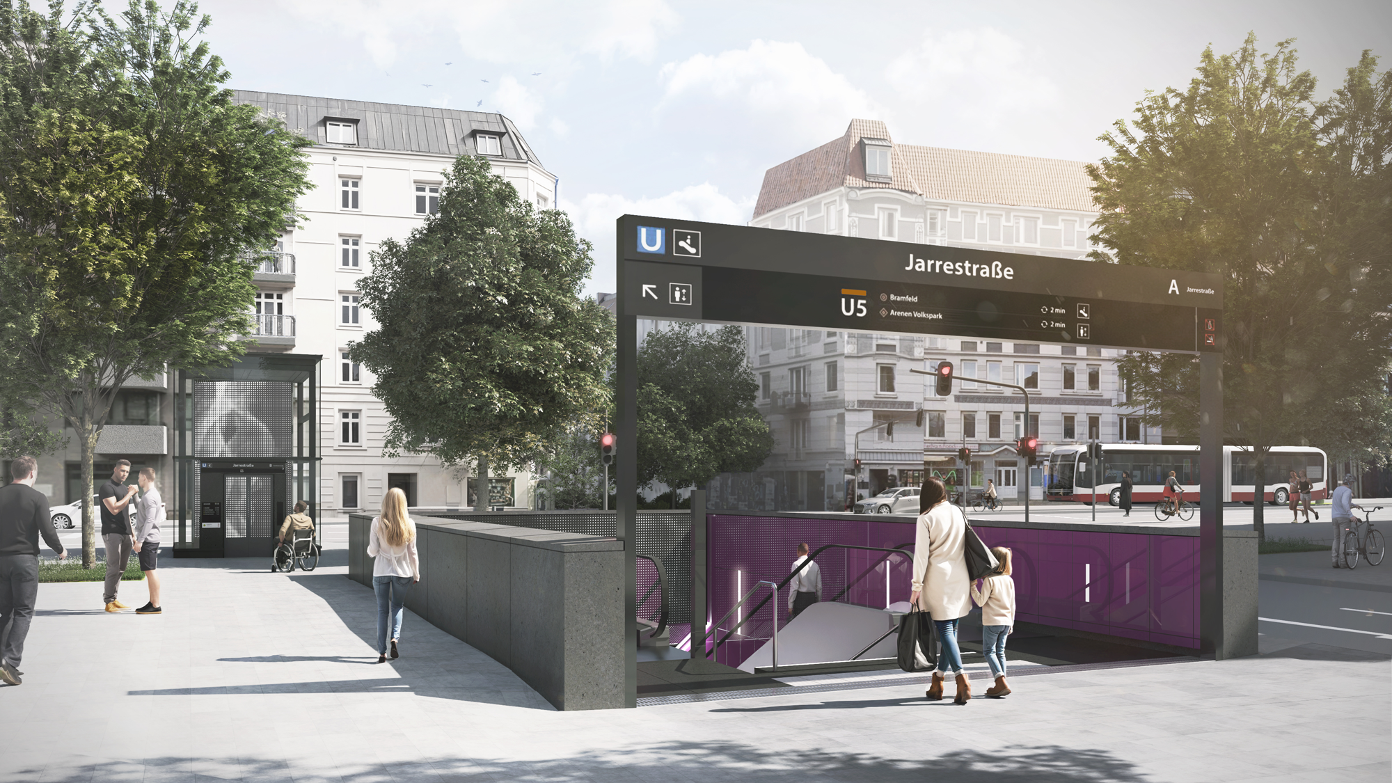 Visualisierung Eingang U Jarrestraße an der Oberfläche. Zu sehen der Treppenabgang, sowie eine Fahrtreppe zur Haltestelle. Das Design ist lila gehalten. Im Hintergrund ist der Aufzug zu sehen. 