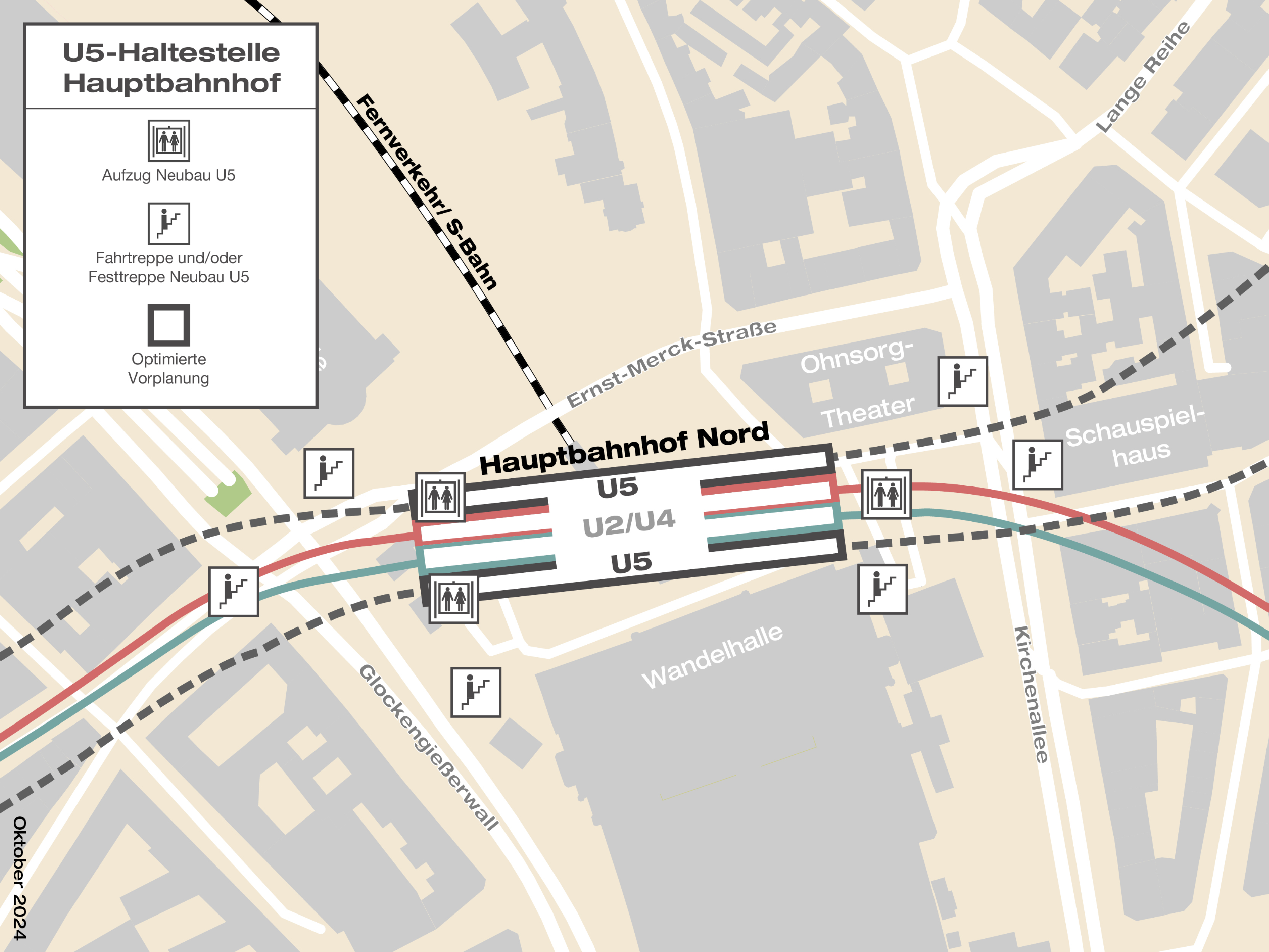 Grafik zeigt Lage der U5-Haltestelle Hauptbahnhof mit Zugängen