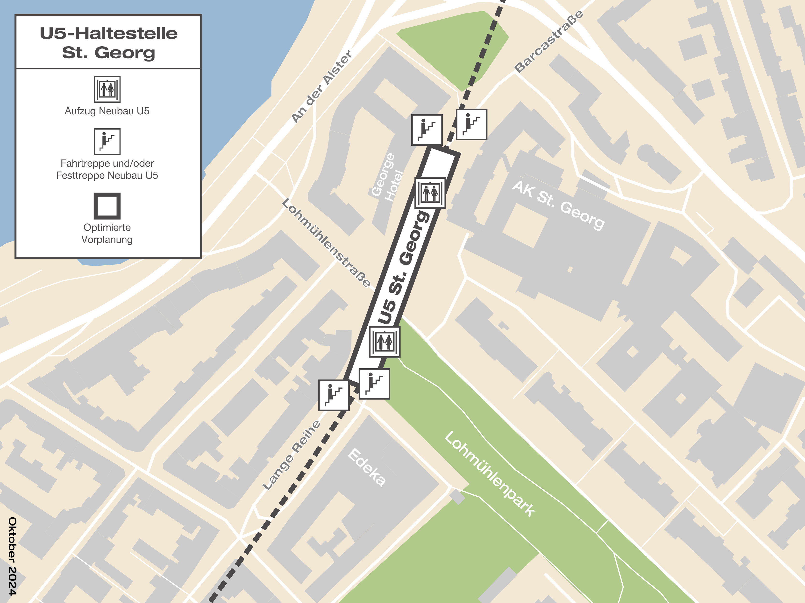 Grafik zeigt Lage der U5-Haltestelle St. Georg mit Zugängen