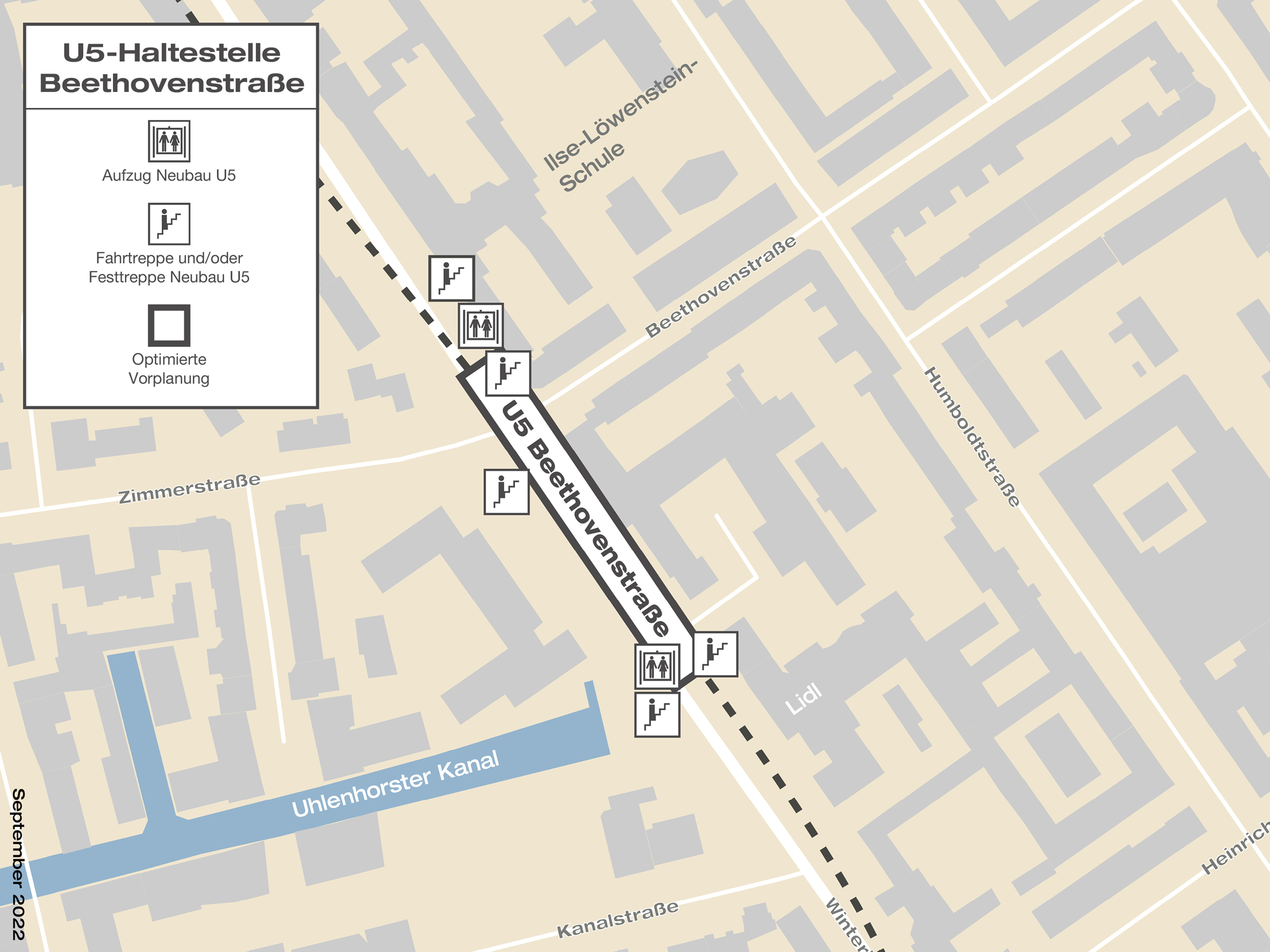 Grafik zeigt Lage von U5-Haltestelle Beethovenstraße unter dem Winterhuder Weg. Zugänge über Treppe und Aufzug sind zur Beethovenstraße und Ilse-Löwenstein-Schule, sowie am anderen Ende der Haltestelle zum Uhlenhorster Kanal und der anderen Straßenseite geplant. 