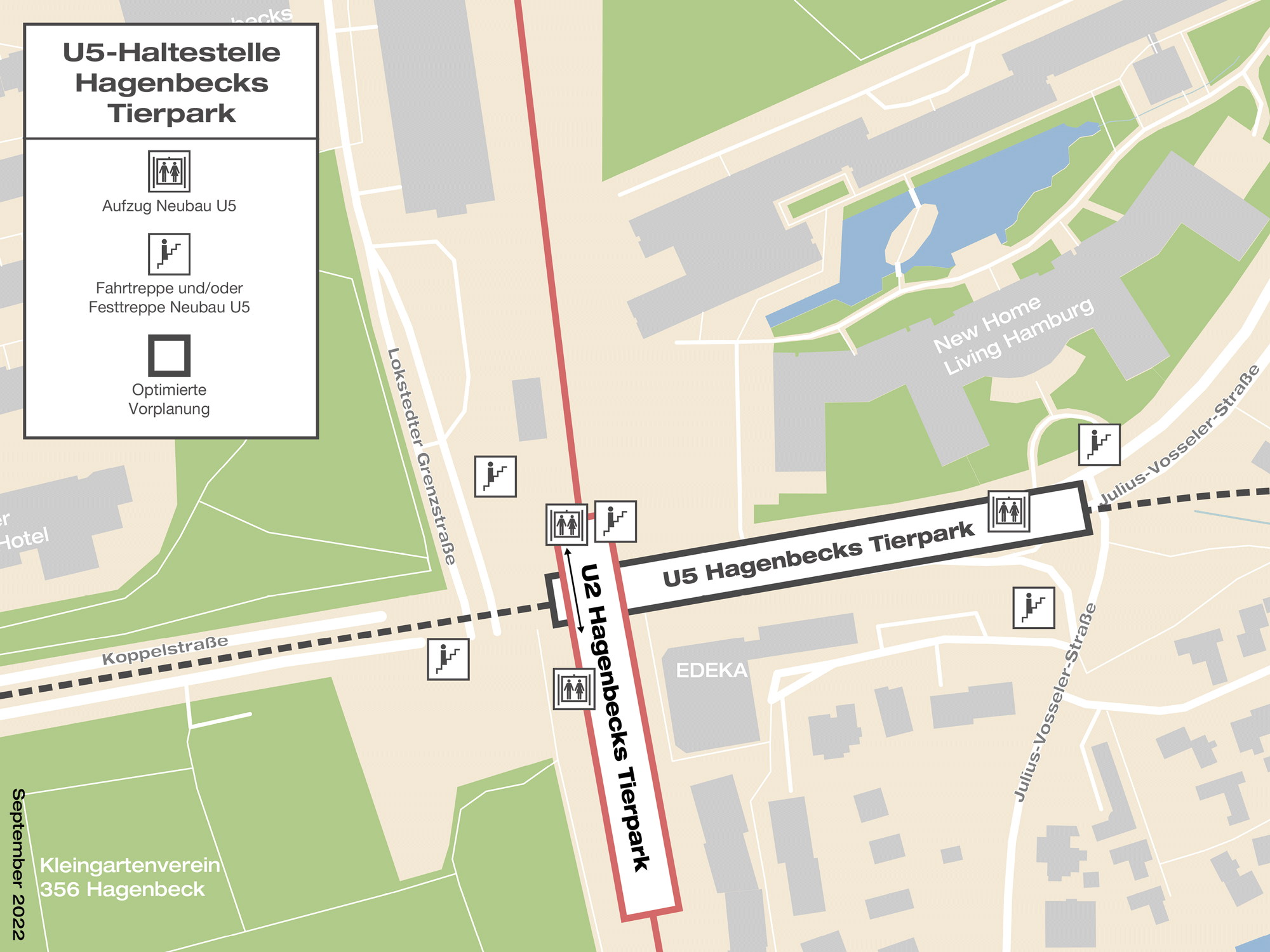 Grafik zeigt Lage und Zugänge der U5-Haltestelle Hagenbecks Tierpark. Sie wird unterhalb der Koppelstraße. Das westliche Ende der Haltestelle liegt unter der U2-Haltestelle. Am anderen Ende der Haltestelle führen ein Treppenaufgang und ein Aufzug auf die Julius-Vosseler-Straße, ein weiterer Zugang ist an der Lokstädter Höhe.