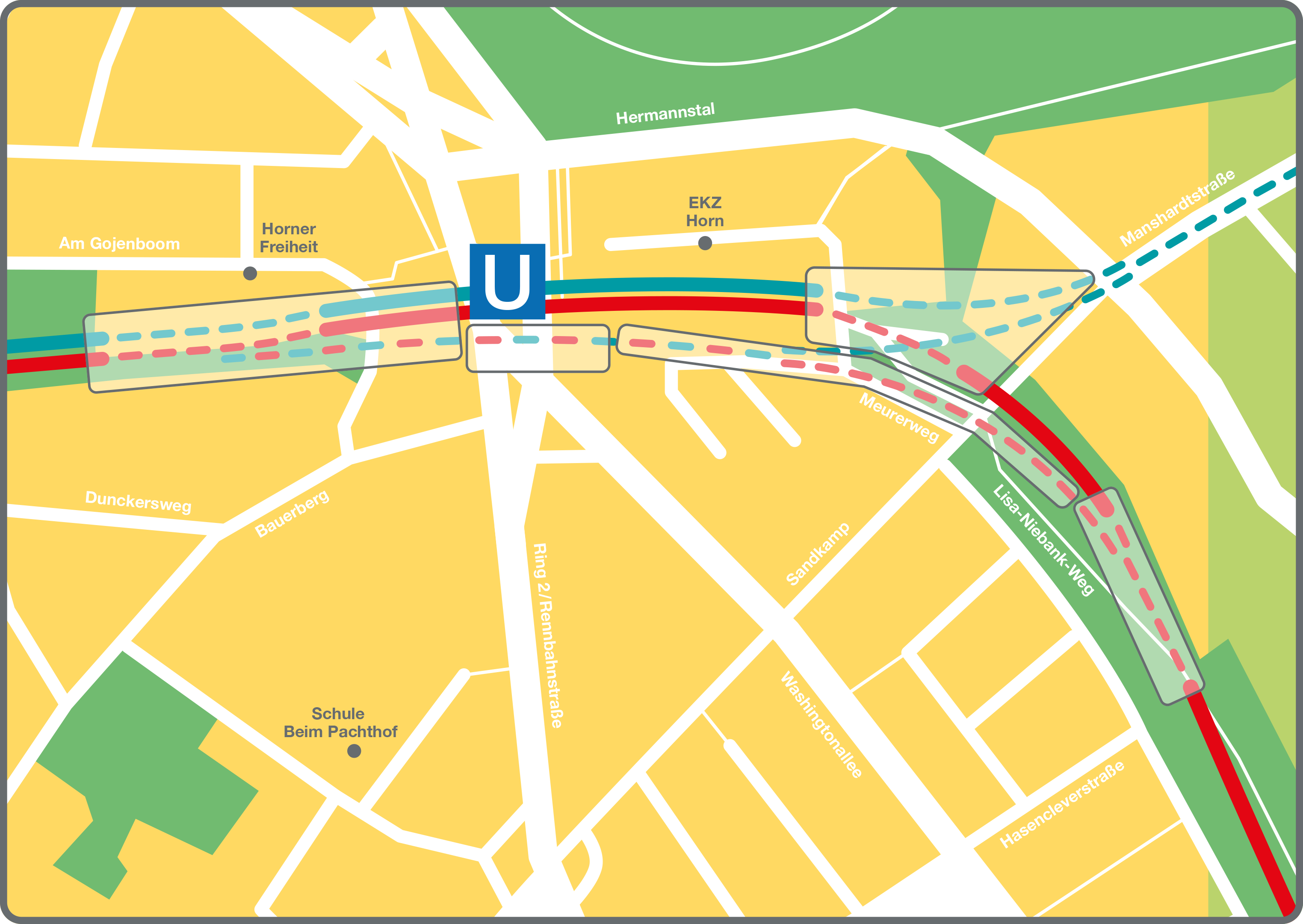 Detailkarte zum Umbau der U2/U4-Haltestelle Horner Rennbahn und die Weiterführung auf die Horner Geest