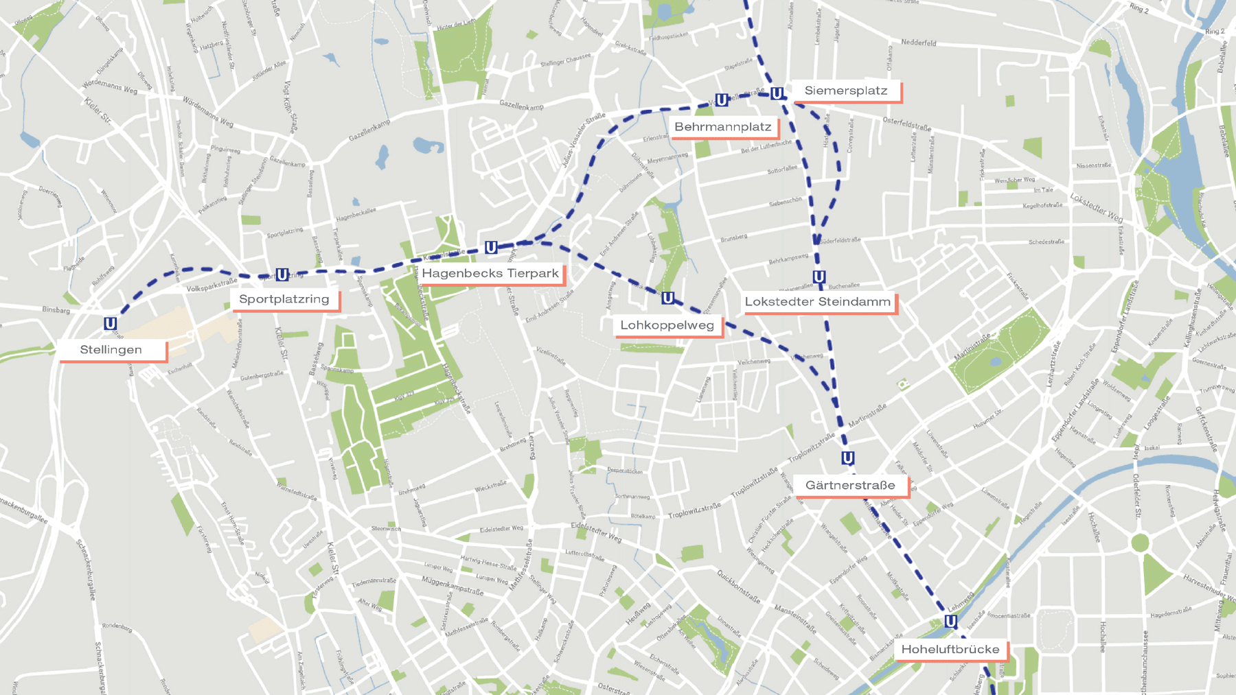 Karte zeigt Streckenabschnitt der U5 von Hoheluftbrücke bis Stellingen mit unterschiedlichen Streckenführungen.