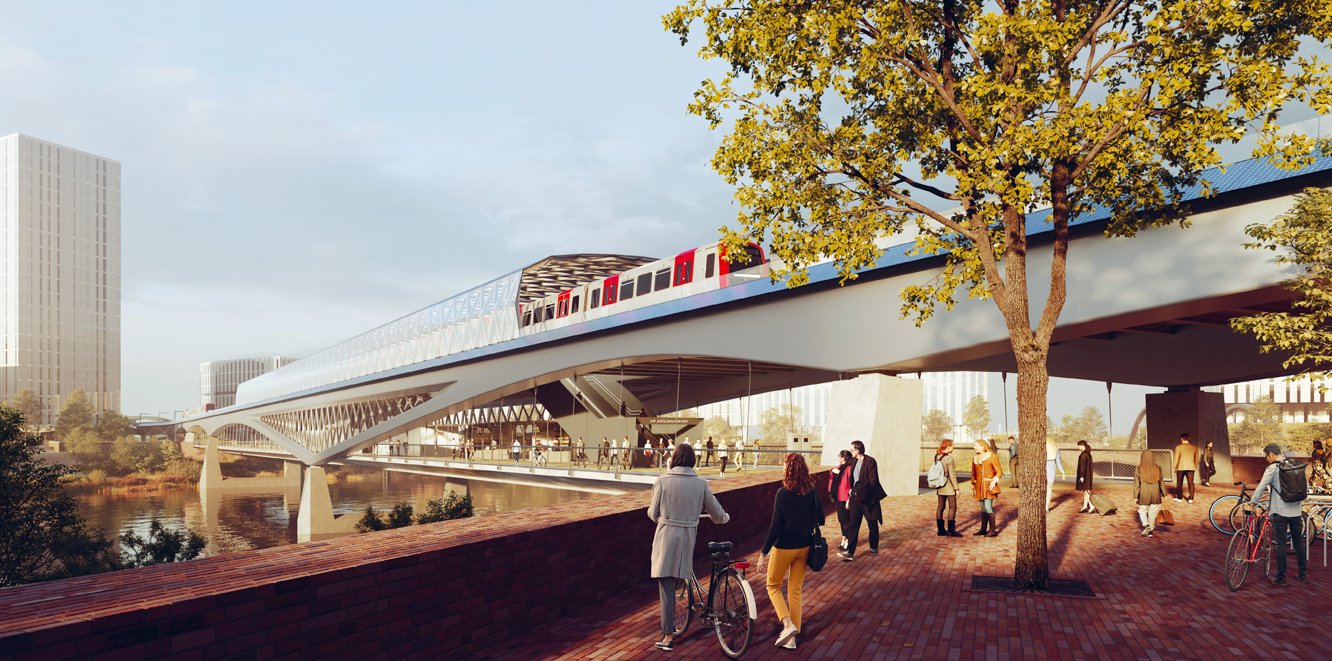 Visualisierung zeigt Haltestelle Moldauhafen von Außen. Haltestelle befindet sich auf einer Brücke. Unterhalb der Brücke blicken Menschen auf die Elbe.