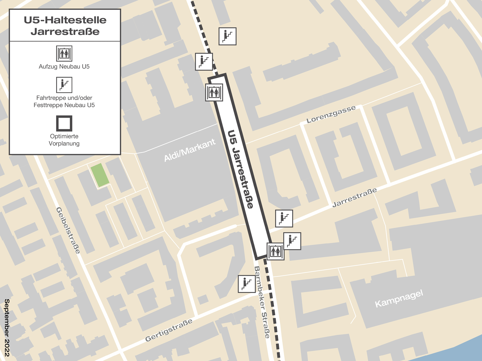 Grafik zeigt Lage und Zugänge der U5 Haltestelle Jarrestraße. Sie liegt unterhalb der Barmbeker Straße, ca. zwischen Jarrestraße und Lorenzgasse.  Zugänge mit Treppen, Rolltreppen und Aufzügen befinden sich am südlichen Ende der Haltestelle im Bereich der Gertigstraße und der Jarrestraße. Nördlich führen dieselben Zugangsmöglichkeiten auf beiden Seiten der Barmbeker Straße an die Oberfläche, auf Höhe der Grundschule Forsmannstraße