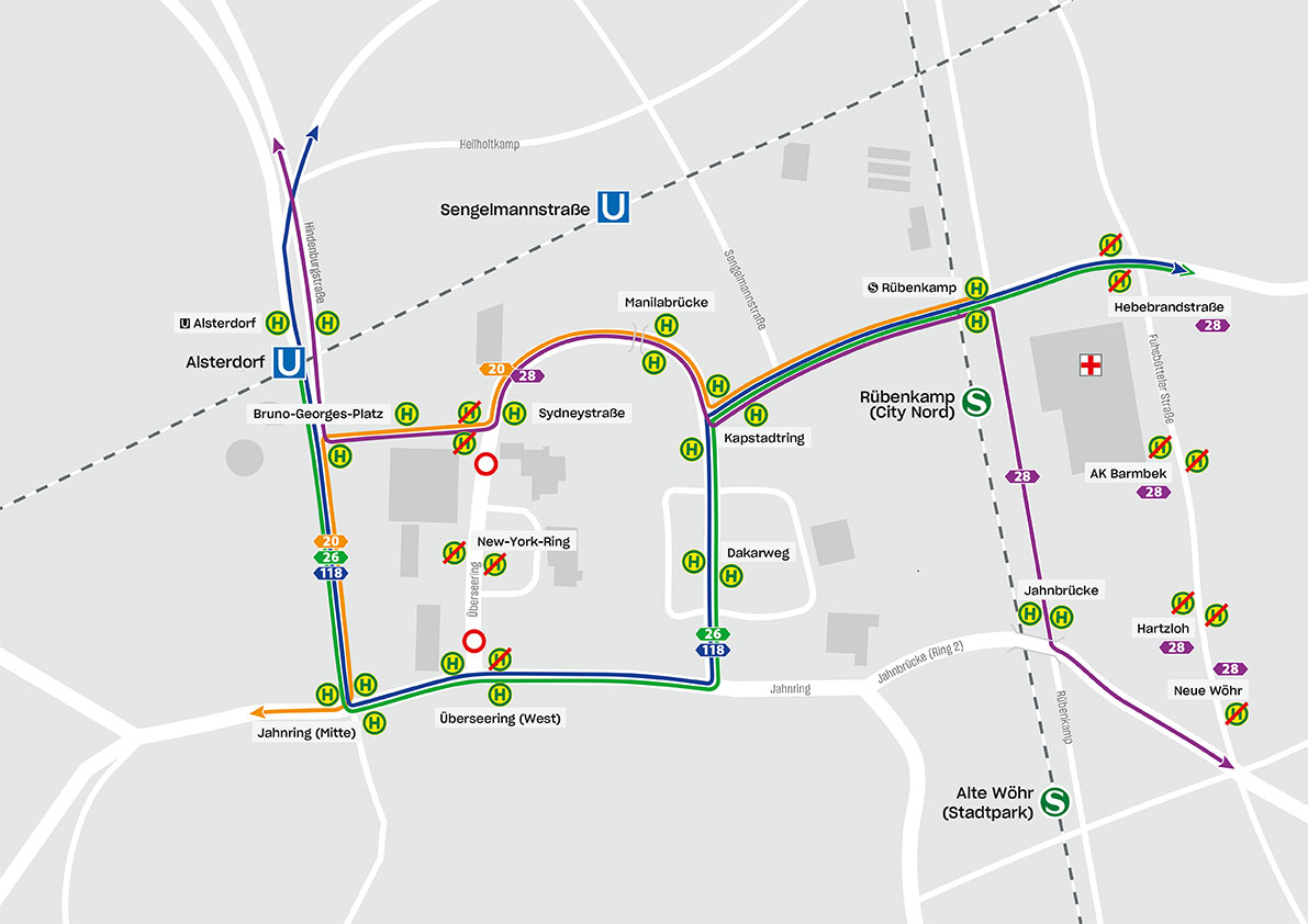 Grafik zeigt Lageplan von Alsterdorf mit Buslinien und Haltestellenlagen.