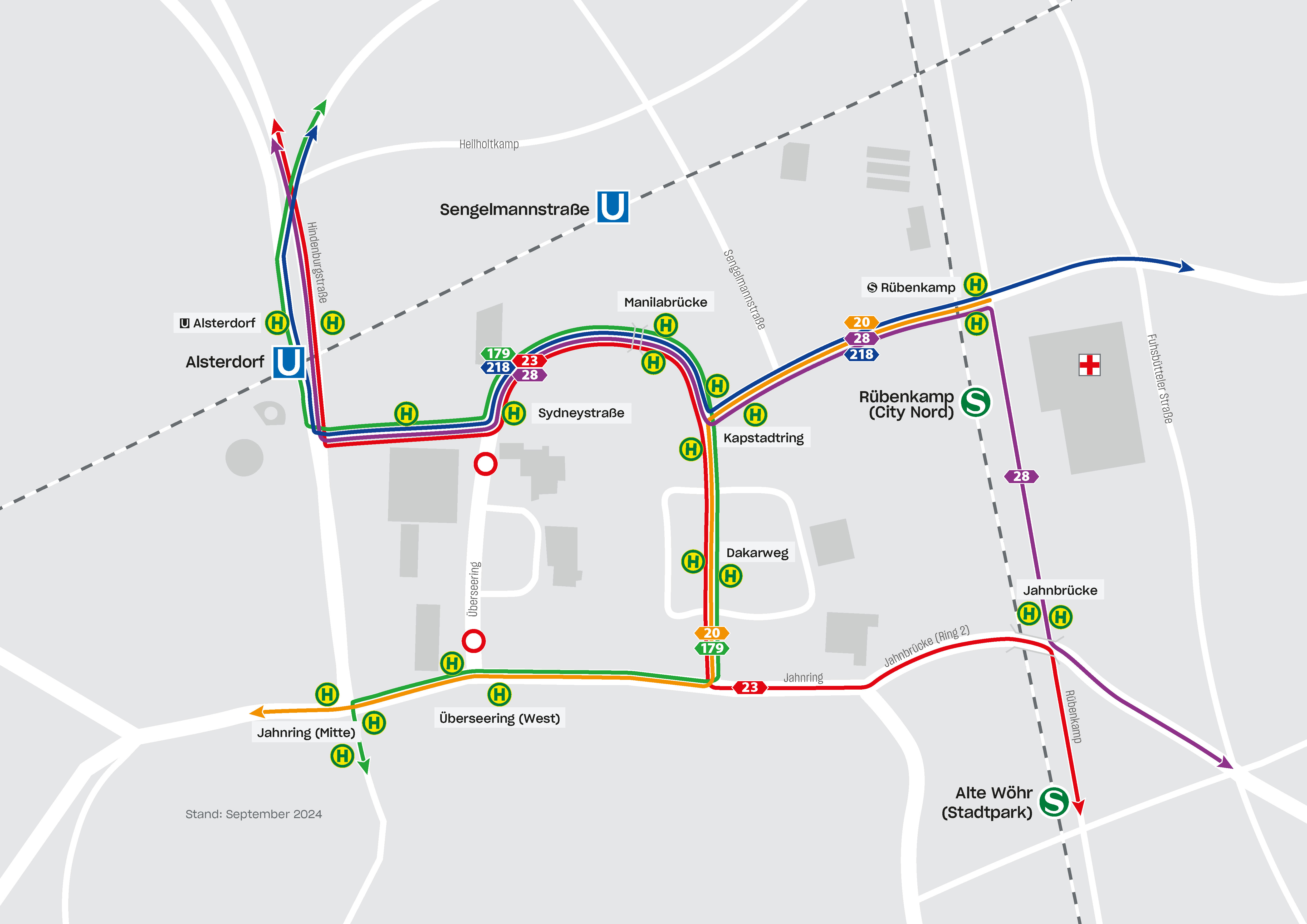 Grafik zeigt Plan der Buslinien, die die City Nord anbinden.