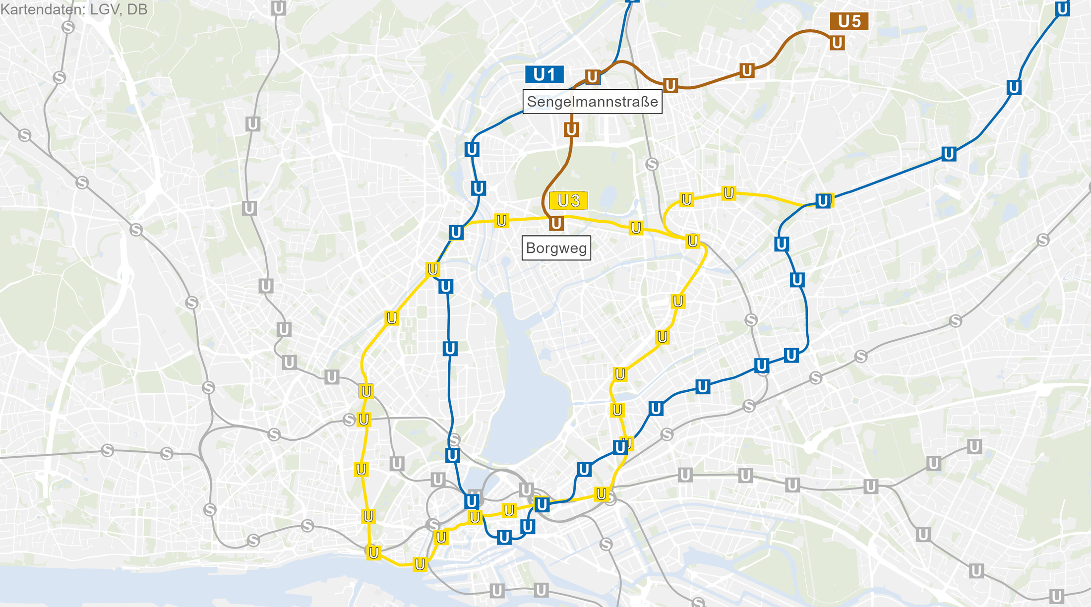 Diese Karte zeigt den Streckenverlauf der U1, U3 und den Abschnitt der zukünftigen U5 von Bramfeld bis Borgweg und wie die U5 mit der Haltestelle Borgweg an das bestehende Netz anknüpft. 