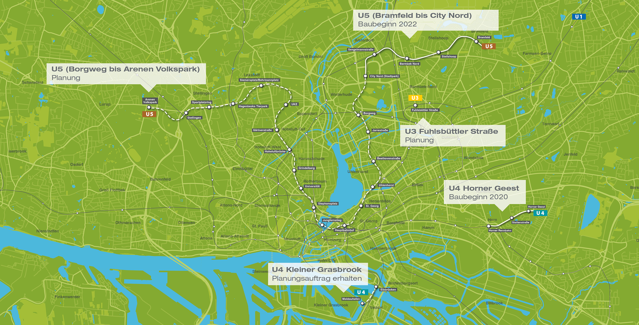 Karte zeigt Netzausbau in Hamburg mit U- und S-Bahn-Linien.