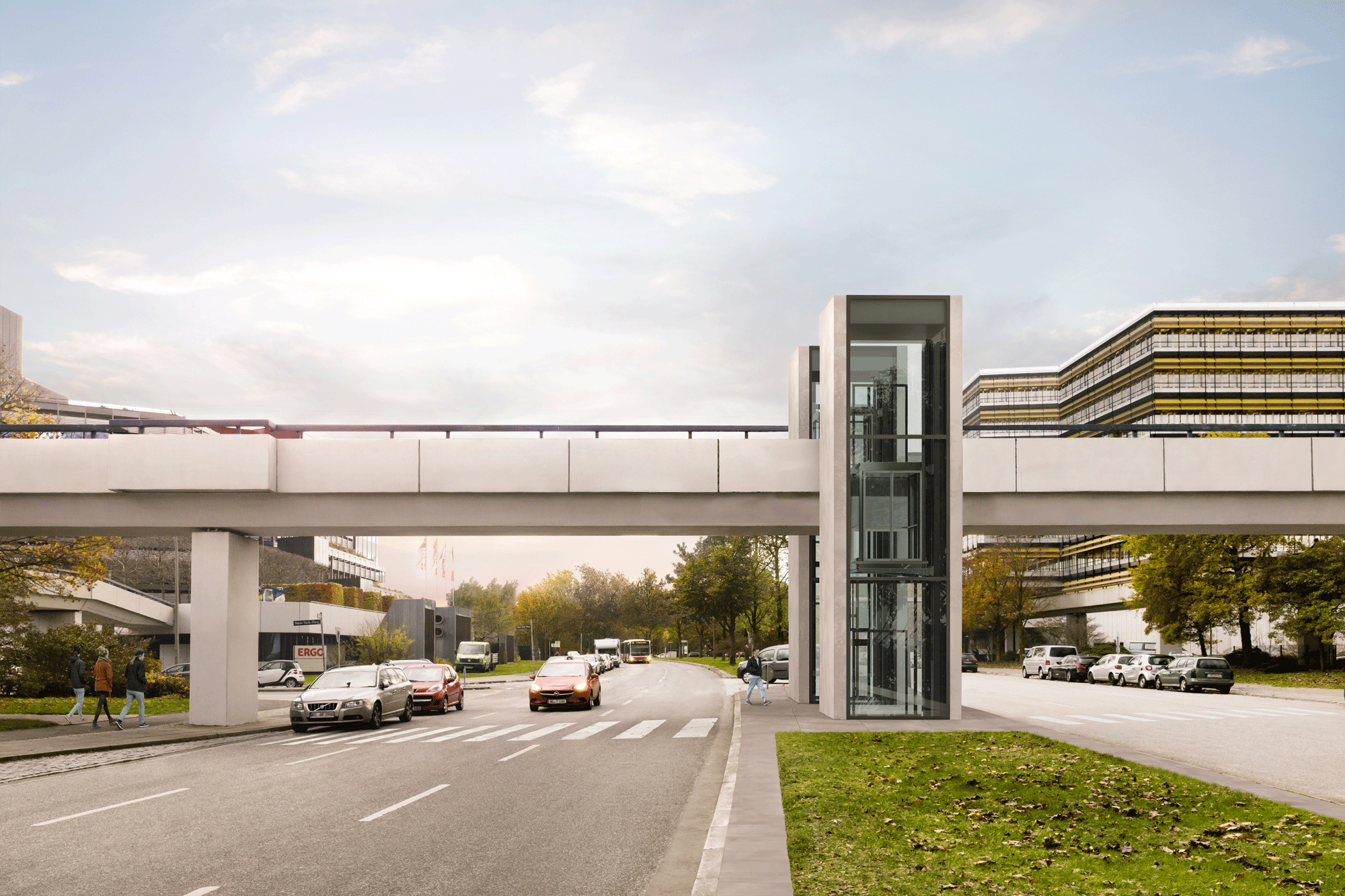 Visualisierung zeigt Einbindung eines Aufzuges auf der Jokohamabrücke, einer Fußgängerbrücke in der City Nord. 