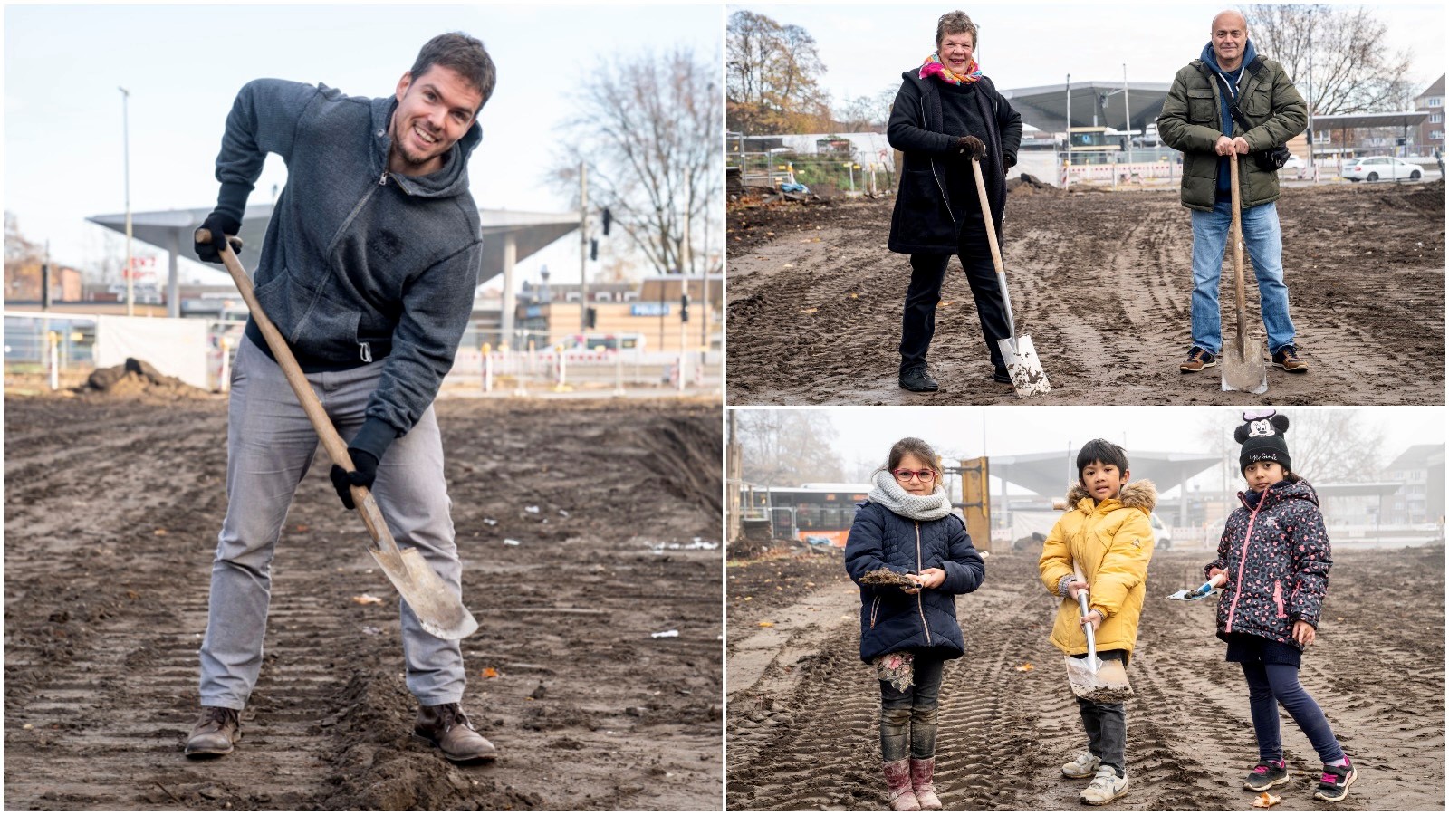 Mehrere Personen halten stehen auf einer Baustelle und halten einen Spaten in der Hand.