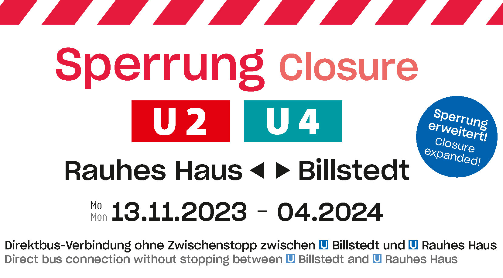 Infografik zur Sperrung der U2/U4 zwischen Rauhes Haus und Billstedt.