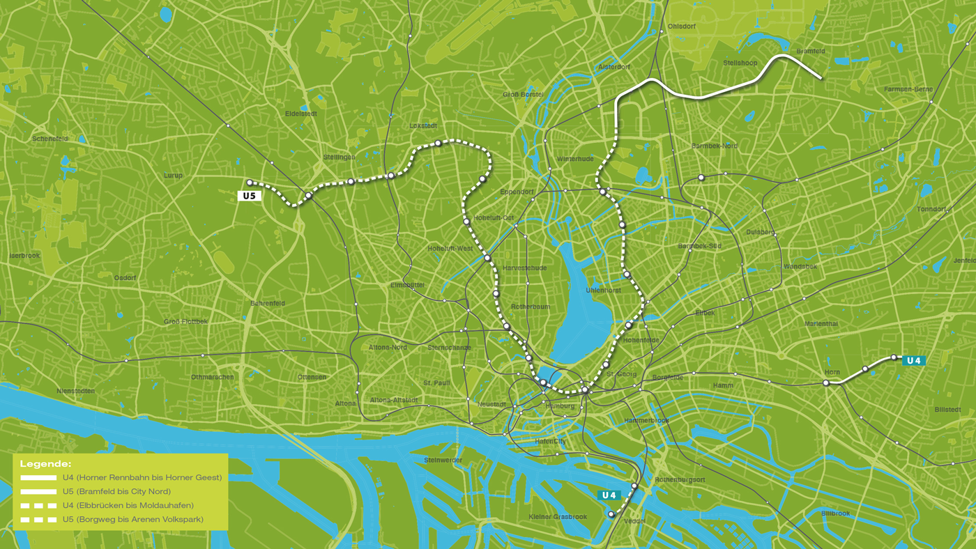 Karte zeigt Verlauf der neuen U5 Linie quer durch Hamburg